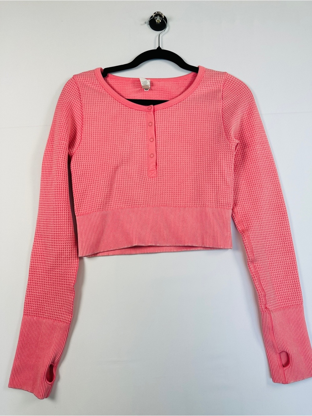 OFFLINE by Aerie Waffle Henley Crop Top Pink Thumbholes Size M
